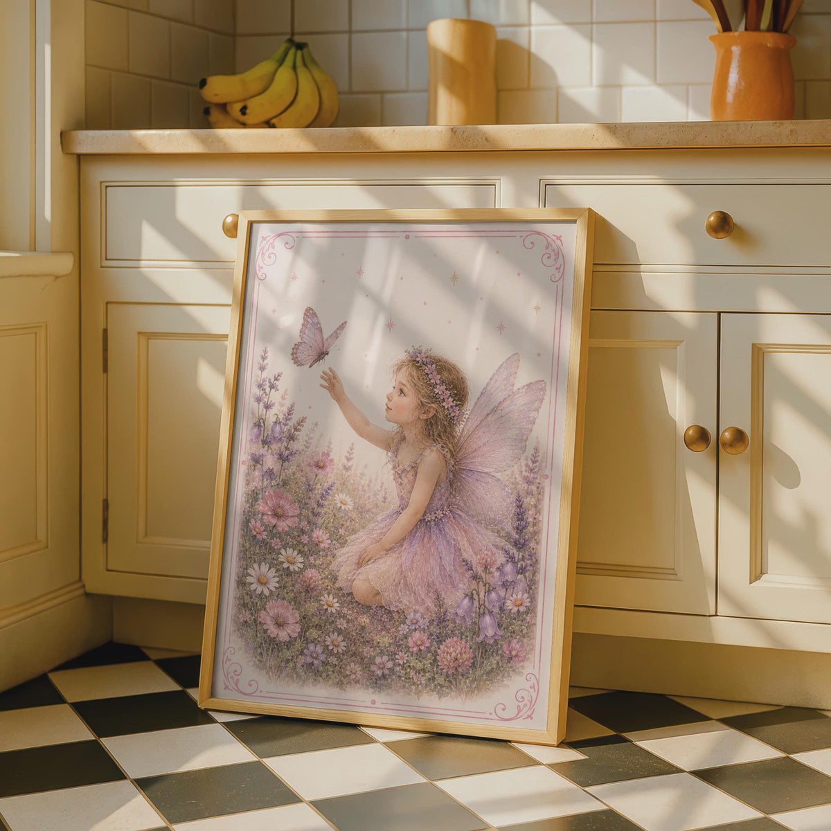 Fairy Girl Butterfly Poster, Floral Nursery Wall Art, Pink Purple Children's Print