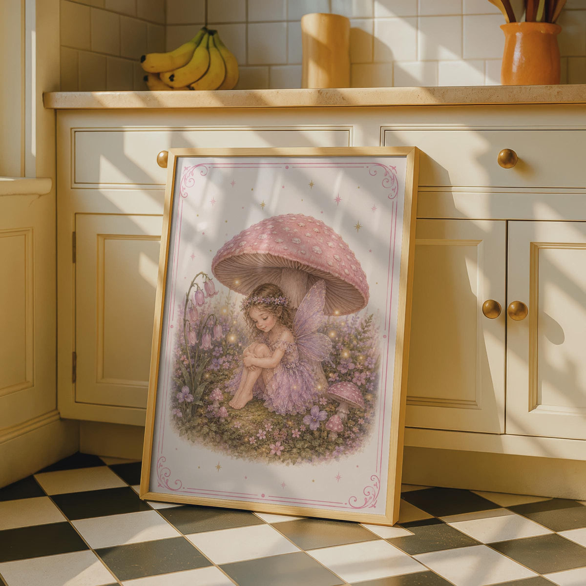 Fairy Girl Mushroom Poster, Magical Woodland Fairy Print, Pink Purple Nursery Wall Art
