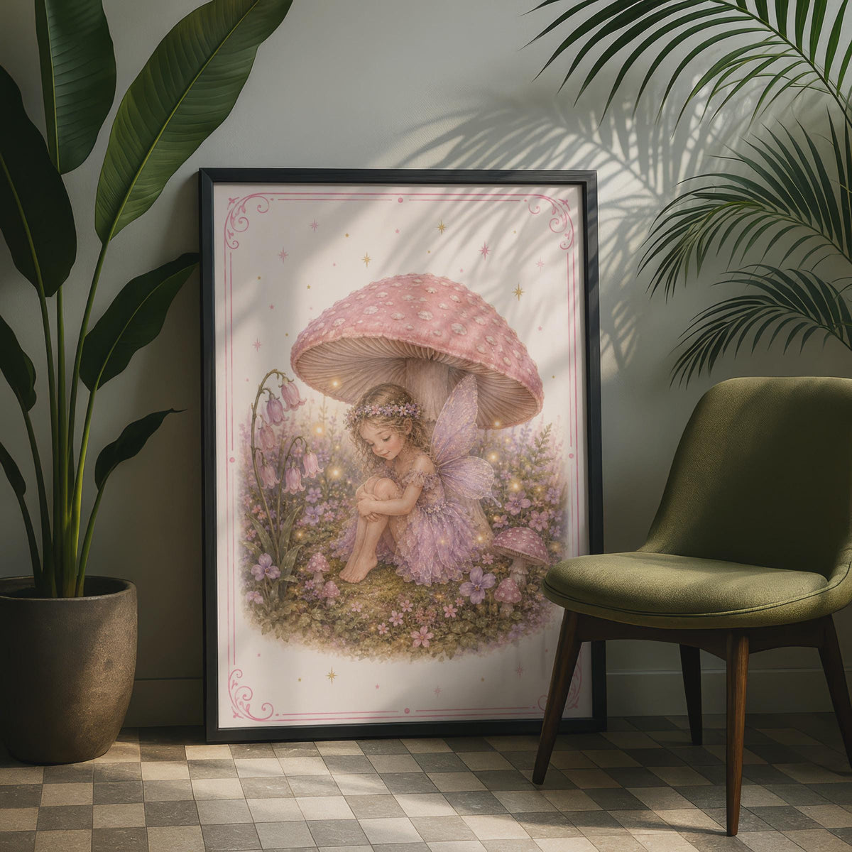 Fairy Girl Mushroom Poster, Magical Woodland Fairy Print, Pink Purple Nursery Wall Art