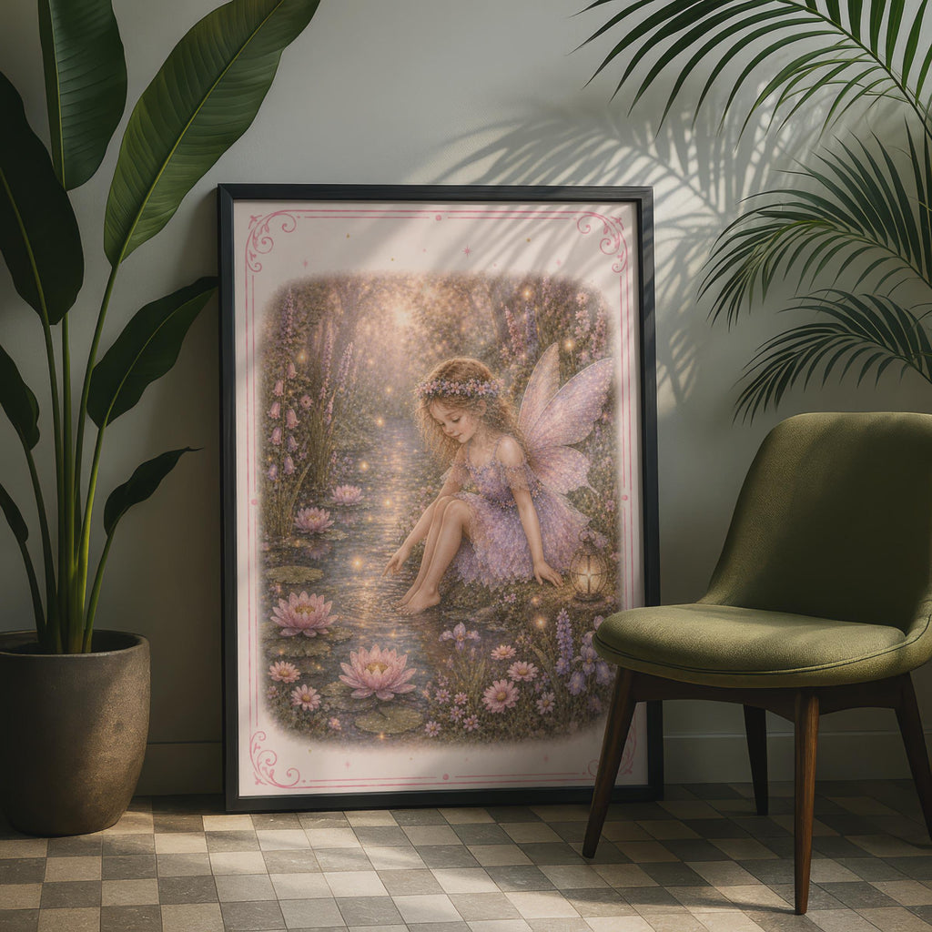 Fairy Pond Poster, Magical Fairy Wall Art, Pink Floral Fantasy Print, Girls Room Decor