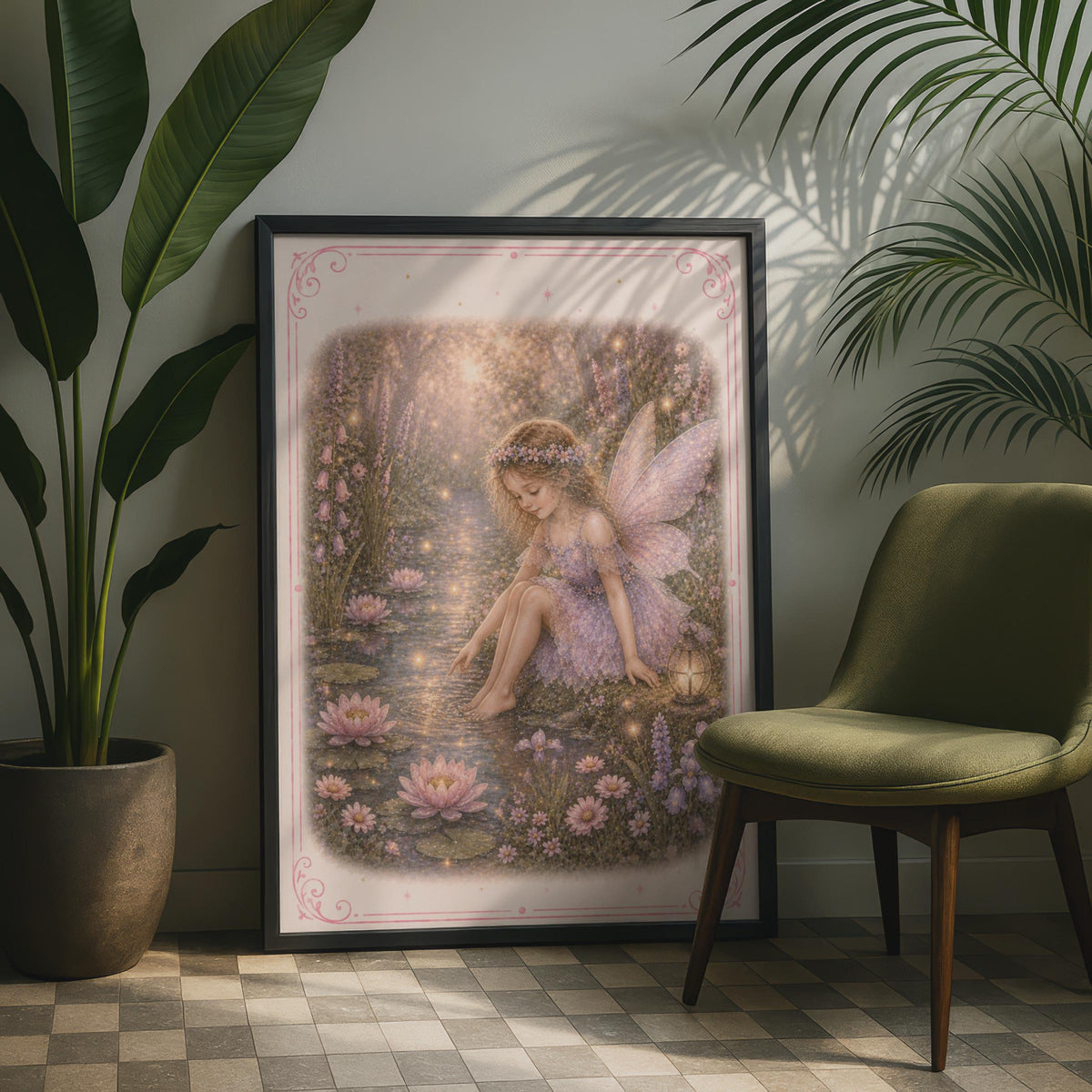 Fairy Pond Poster, Magical Fairy Wall Art, Pink Floral Fantasy Print, Girls Room Decor