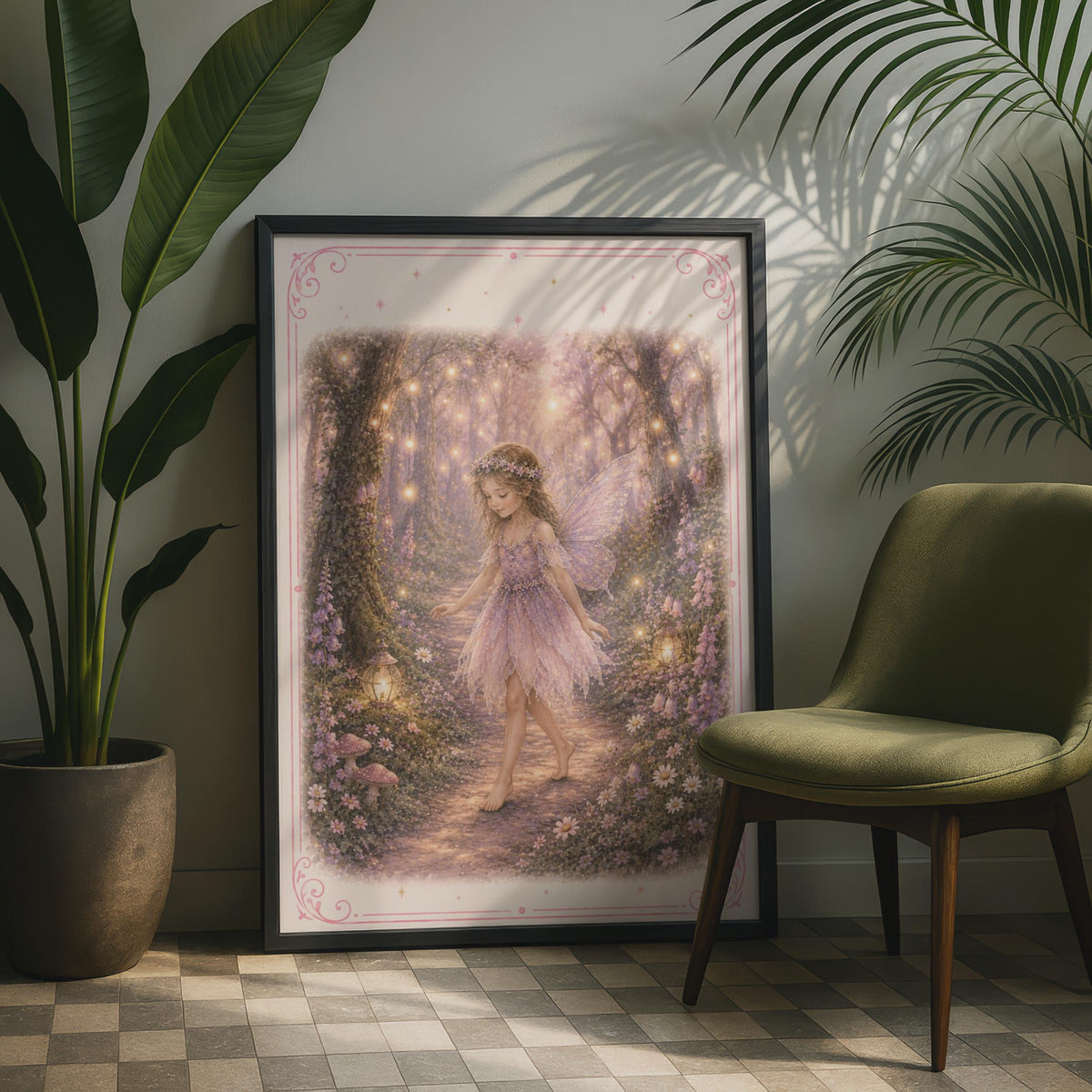 Fairy Girl Enchanted Forest Poster, Magical Woodland Wall Art, Pink Purple Girls Room Print