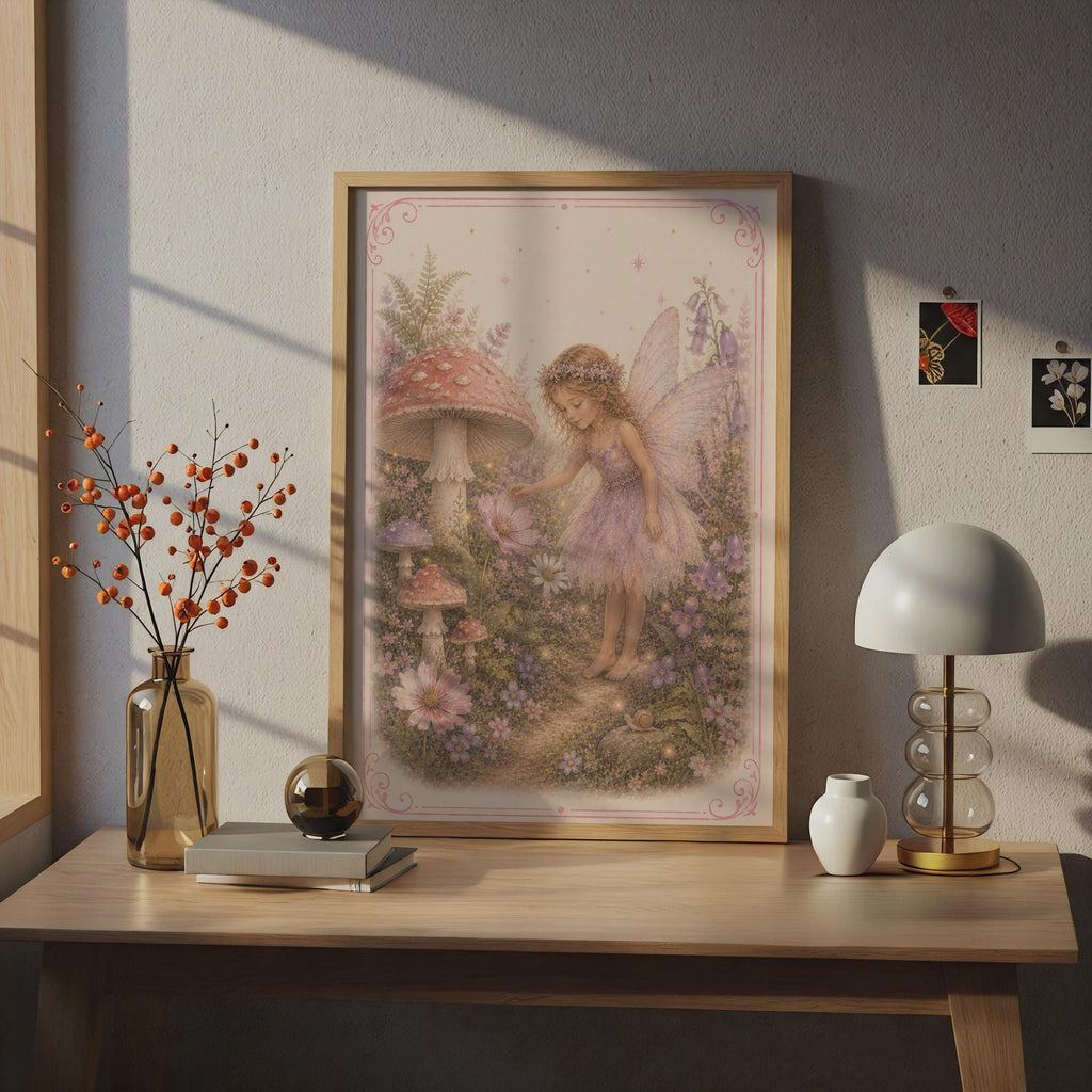 Fairy Garden Poster, Mushroom Floral Wall Art, Whimsical Pink Girls Room Print