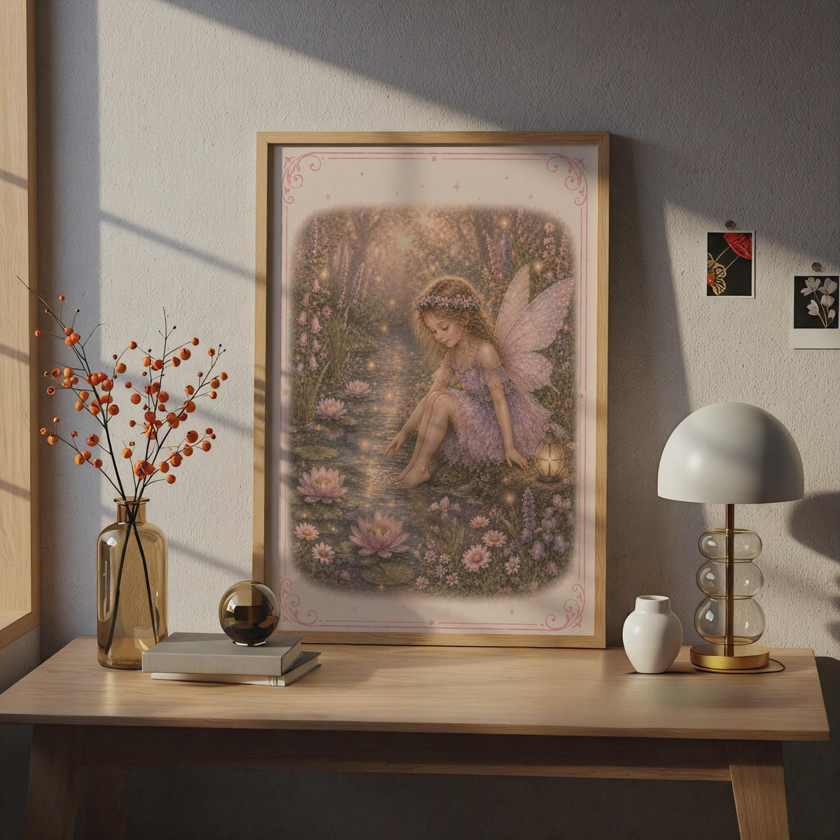 Fairy Pond Poster, Magical Fairy Wall Art, Pink Floral Fantasy Print, Girls Room Decor