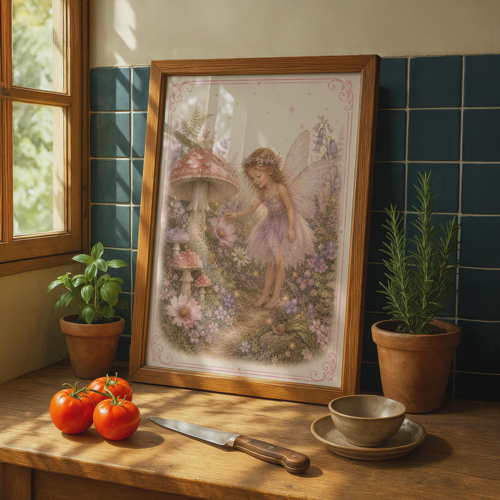 Fairy Garden Poster, Mushroom Floral Wall Art, Whimsical Pink Girls Room Print
