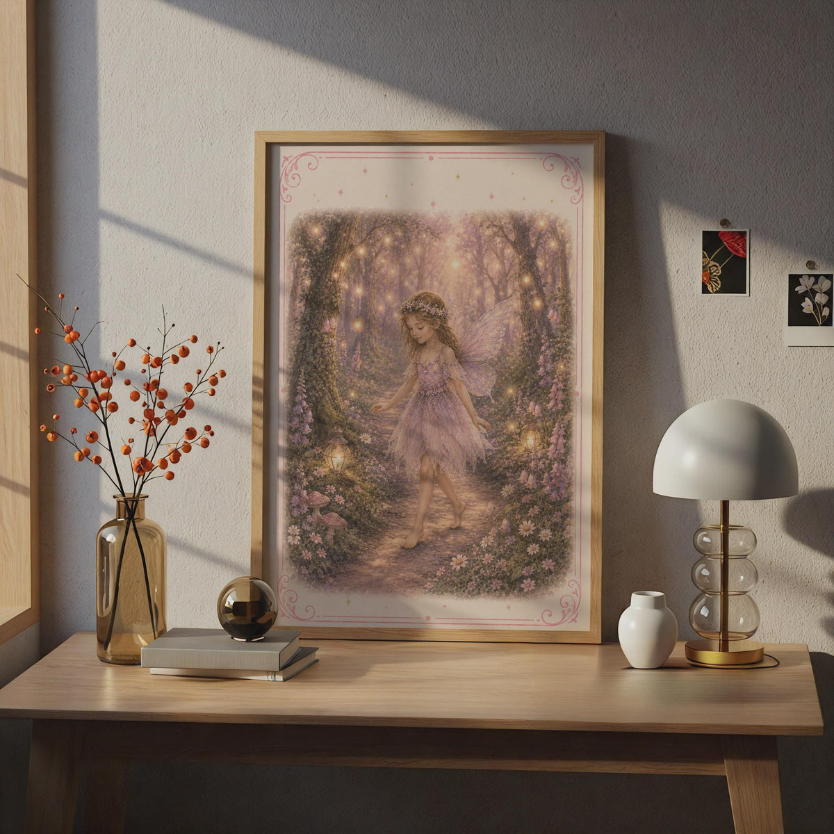 Fairy Girl Enchanted Forest Poster, Magical Woodland Wall Art, Pink Purple Girls Room Print