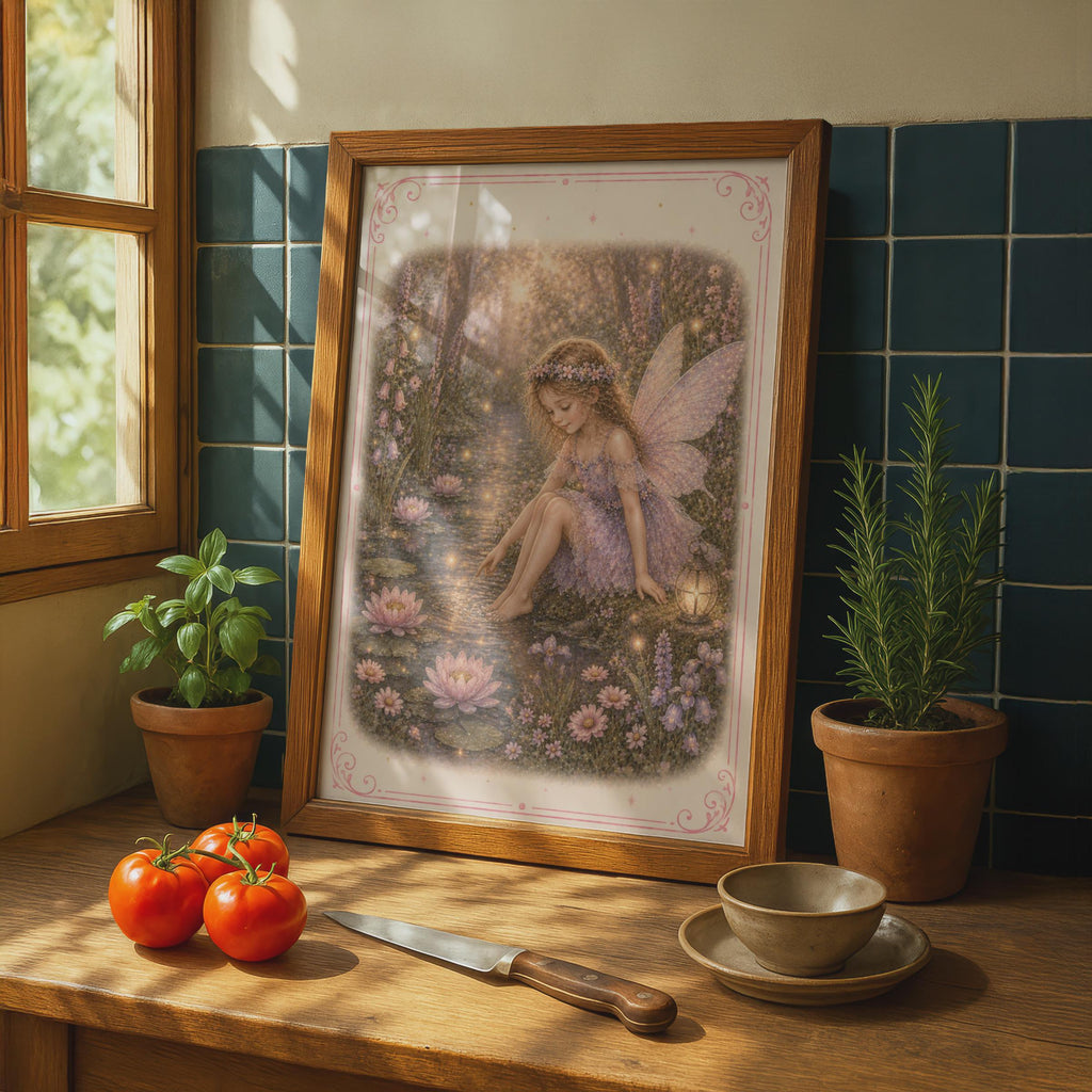 Fairy Pond Poster, Magical Fairy Wall Art, Pink Floral Fantasy Print, Girls Room Decor