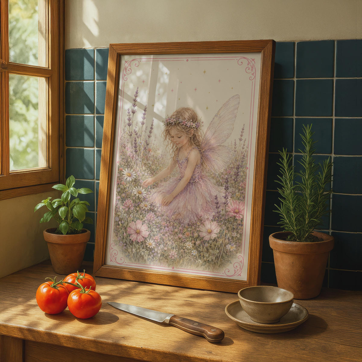 Fairy Girl Flower Meadow Poster, Lavender Floral Fantasy Children's Wall Art, Pink Nursery Print