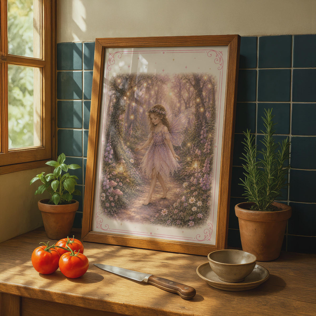 Fairy Girl Enchanted Forest Poster, Magical Woodland Wall Art, Pink Purple Girls Room Print