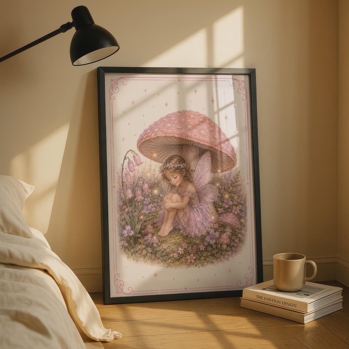Fairy Girl Mushroom Poster, Magical Woodland Fairy Print, Pink Purple Nursery Wall Art