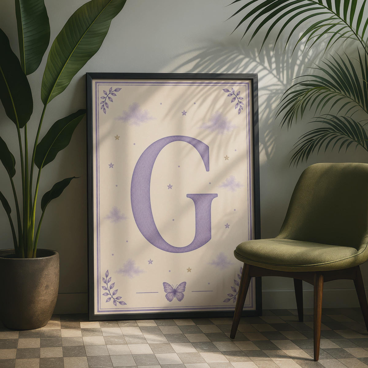 Letter G Poster, Purple Initial Children's Wall Art, Stars Clouds Butterfly Nursery Print