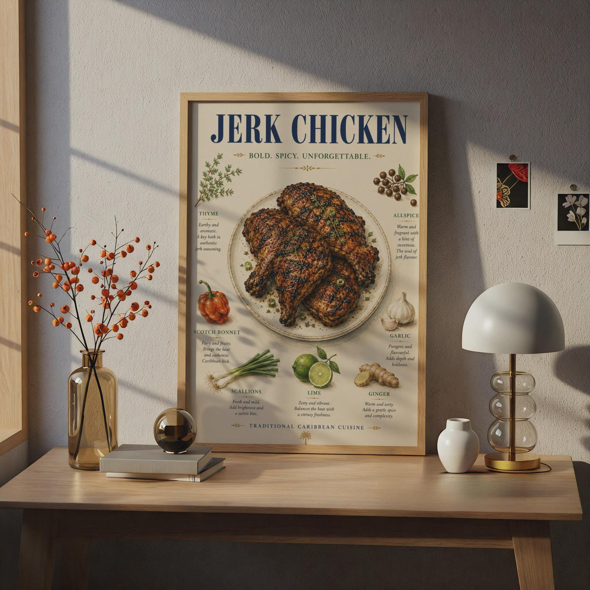 Jerk Chicken Poster, Caribbean Food Art Print, Spicy Kitchen Wall Decor, Recipe Ingredients