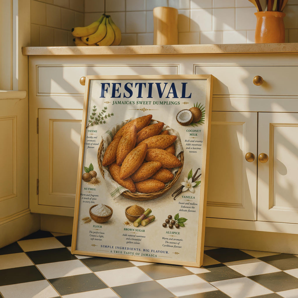Festival Jamaican Sweet Dumplings Food Poster, Caribbean Kitchen Wall Art Print