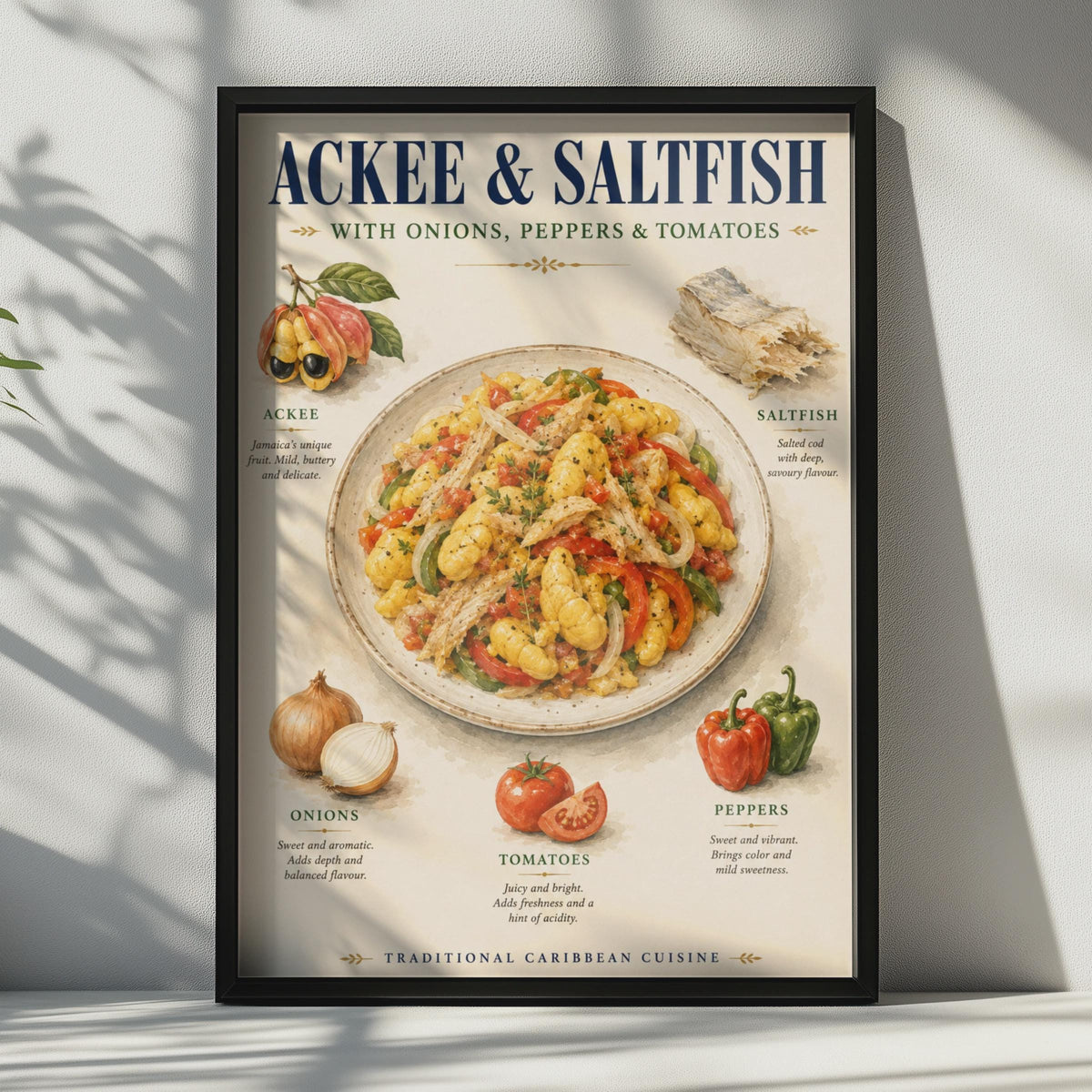 Ackee and Saltfish Poster, Jamaican Food Art, Caribbean Kitchen Wall Decor Print
