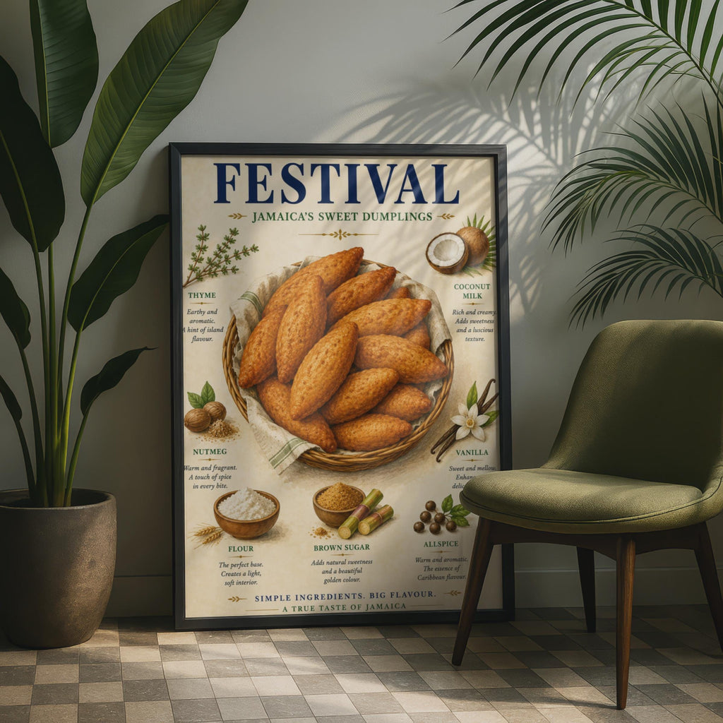 Festival Jamaican Sweet Dumplings Food Poster, Caribbean Kitchen Wall Art Print