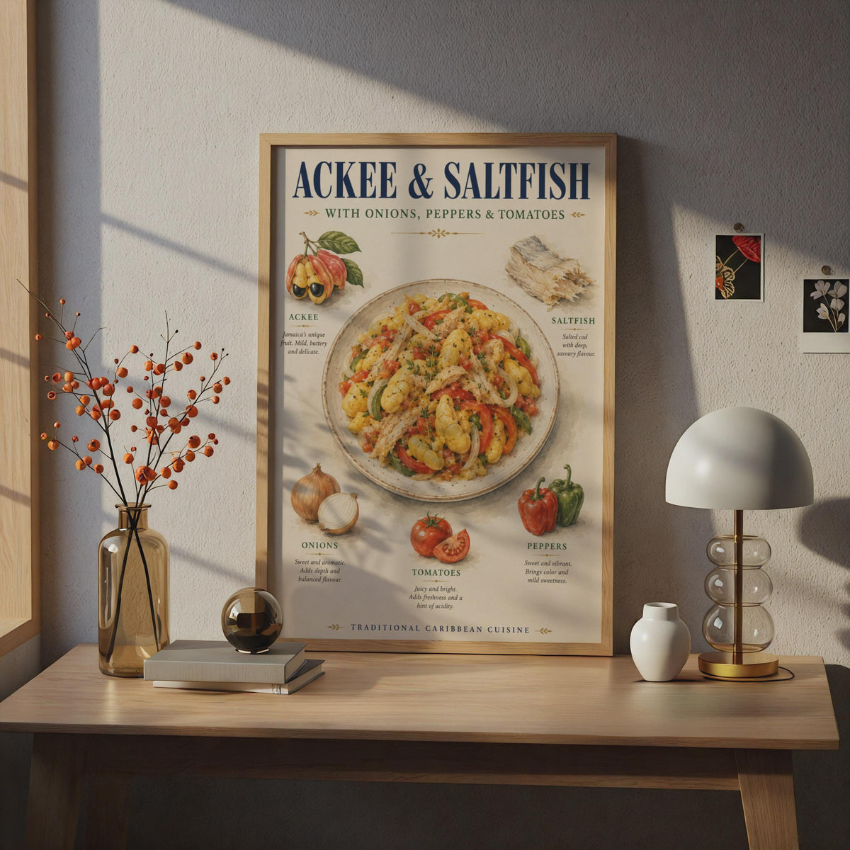 Ackee and Saltfish Poster, Jamaican Food Art, Caribbean Kitchen Wall Decor Print