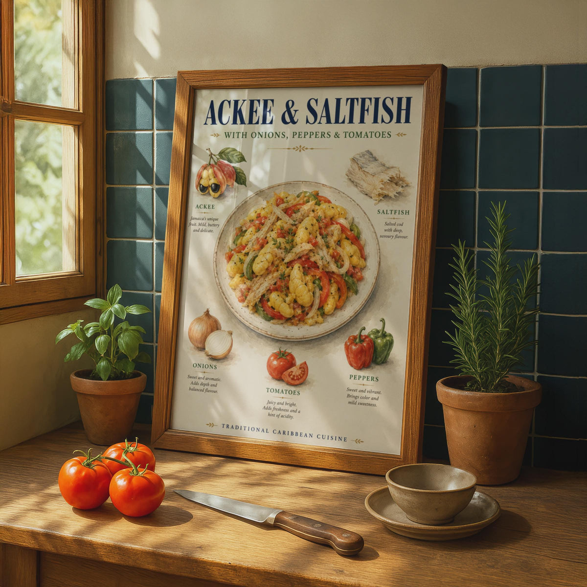 Ackee and Saltfish Poster, Jamaican Food Art, Caribbean Kitchen Wall Decor Print
