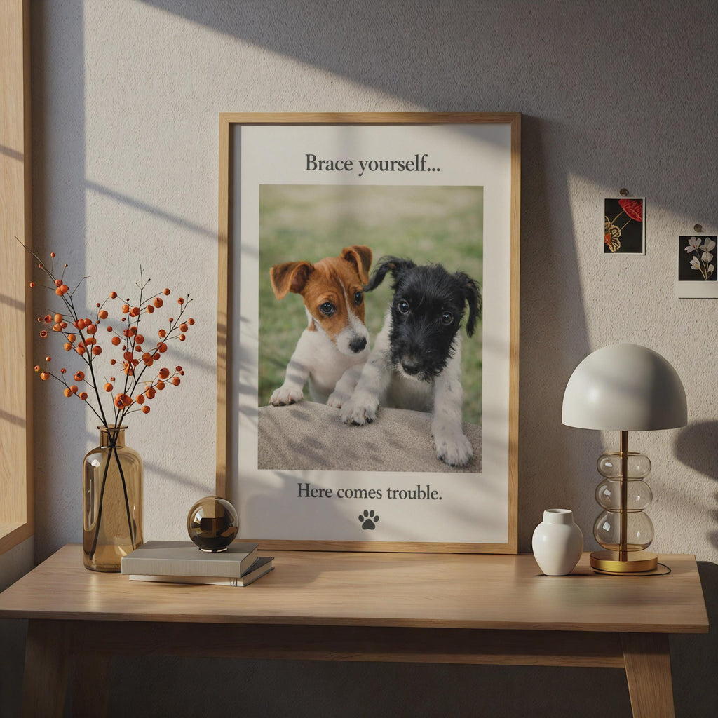 Puppy Poster, Brace Yourself Here Comes Trouble, Dog Photography Print