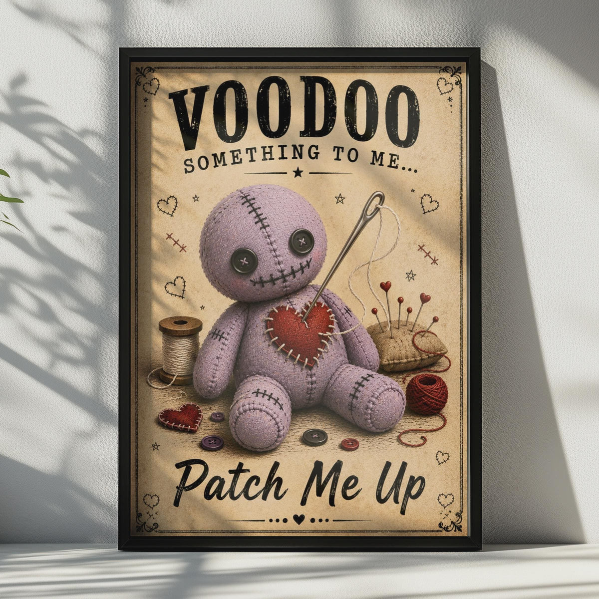 Voodoo Doll Poster, Gothic Humour Wall Art, Dark Witchy Decor, Purple Quirky Print