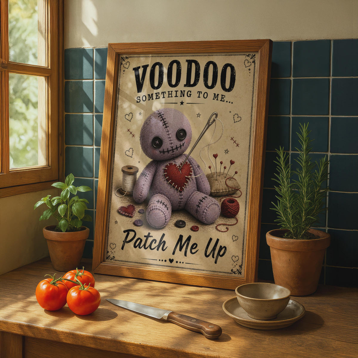 Voodoo Doll Poster, Gothic Humour Wall Art, Dark Witchy Decor, Purple Quirky Print
