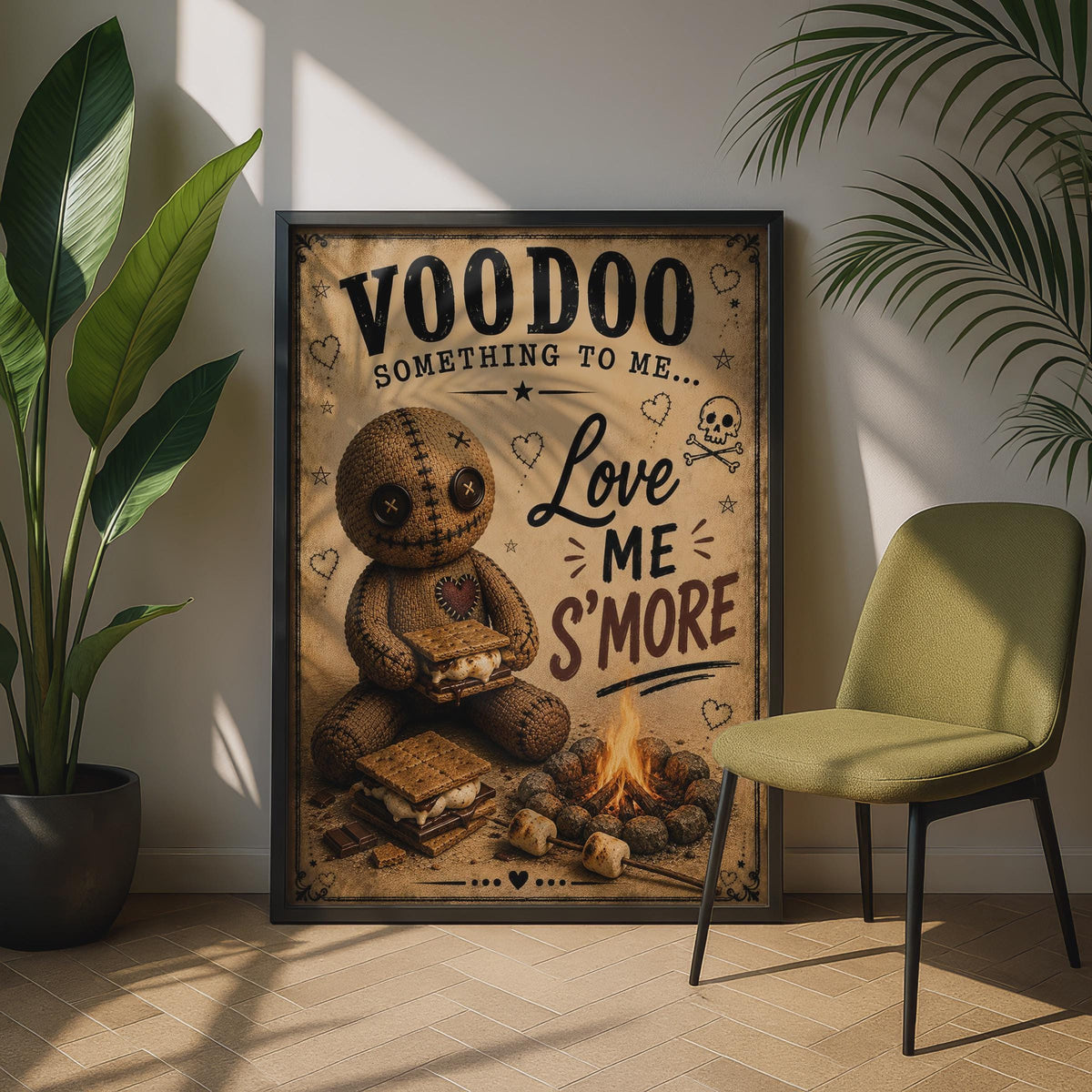 Voodoo Doll S'mores Funny Poster, Gothic Humour Wall Art, Quirky Halloween Kitchen Decor