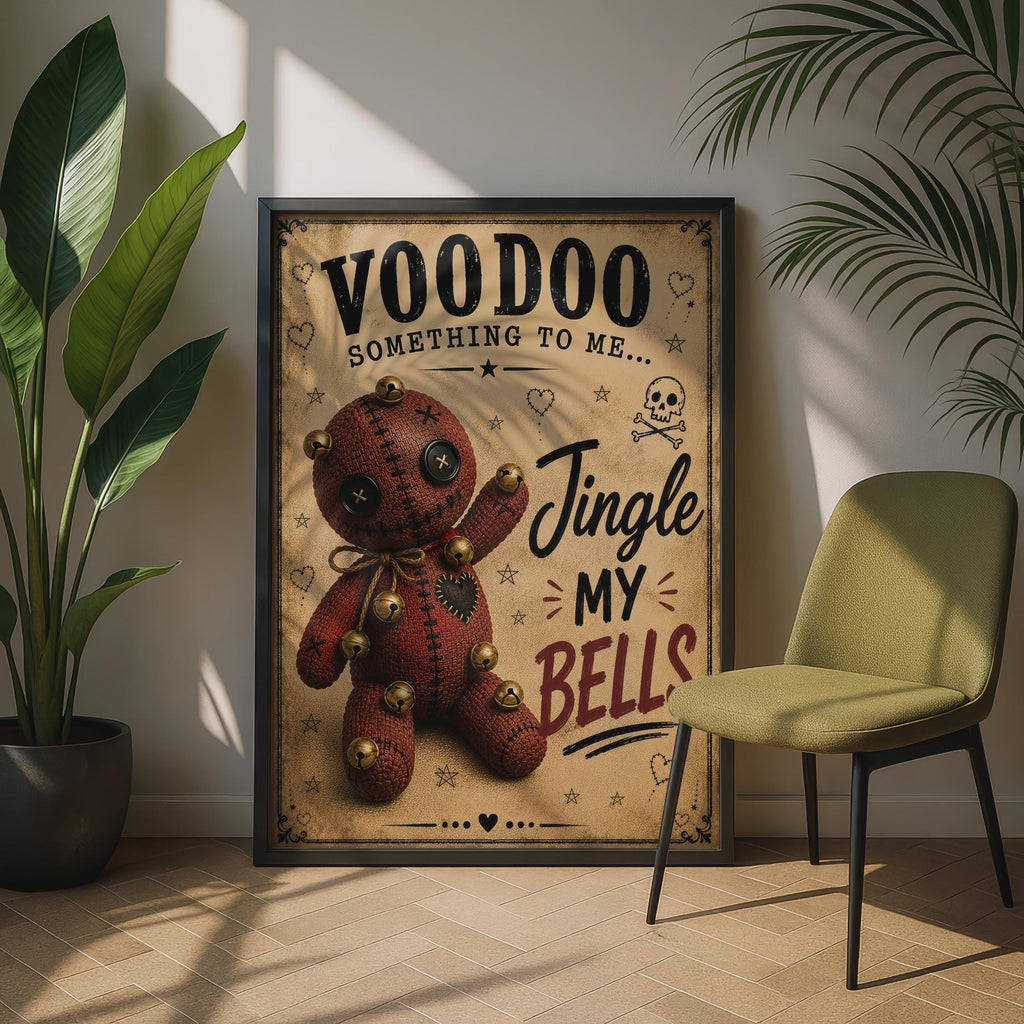 Voodoo Doll Jingle Bells Funny Christmas Poster, Gothic Humour Wall Art Print