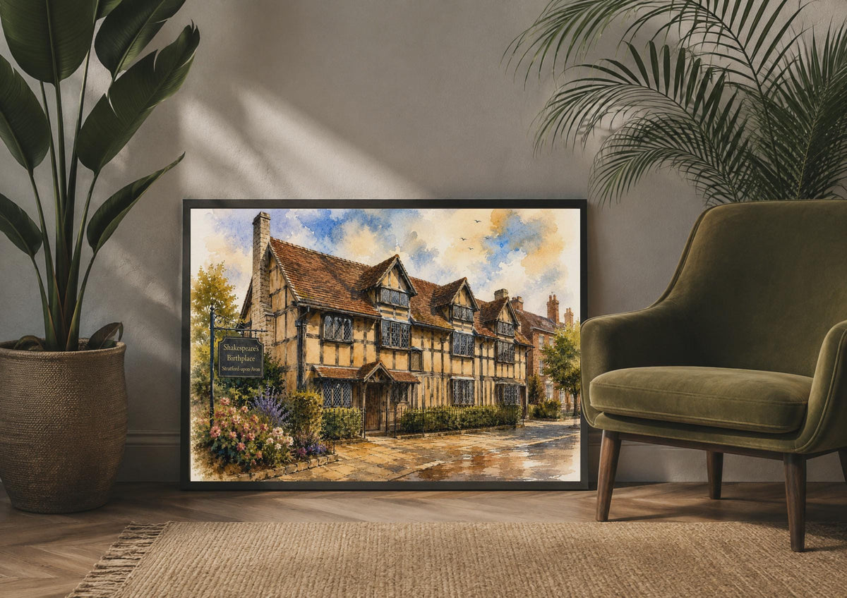 Shakespeare's Birthplace Poster, Stratford-upon-Avon Watercolour Wall Art, Tudor England Print