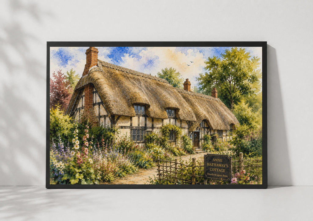 Anne Hathaway's Cottage Poster, Stratford-upon-Avon Watercolour, English Thatched Cottage Wall Art