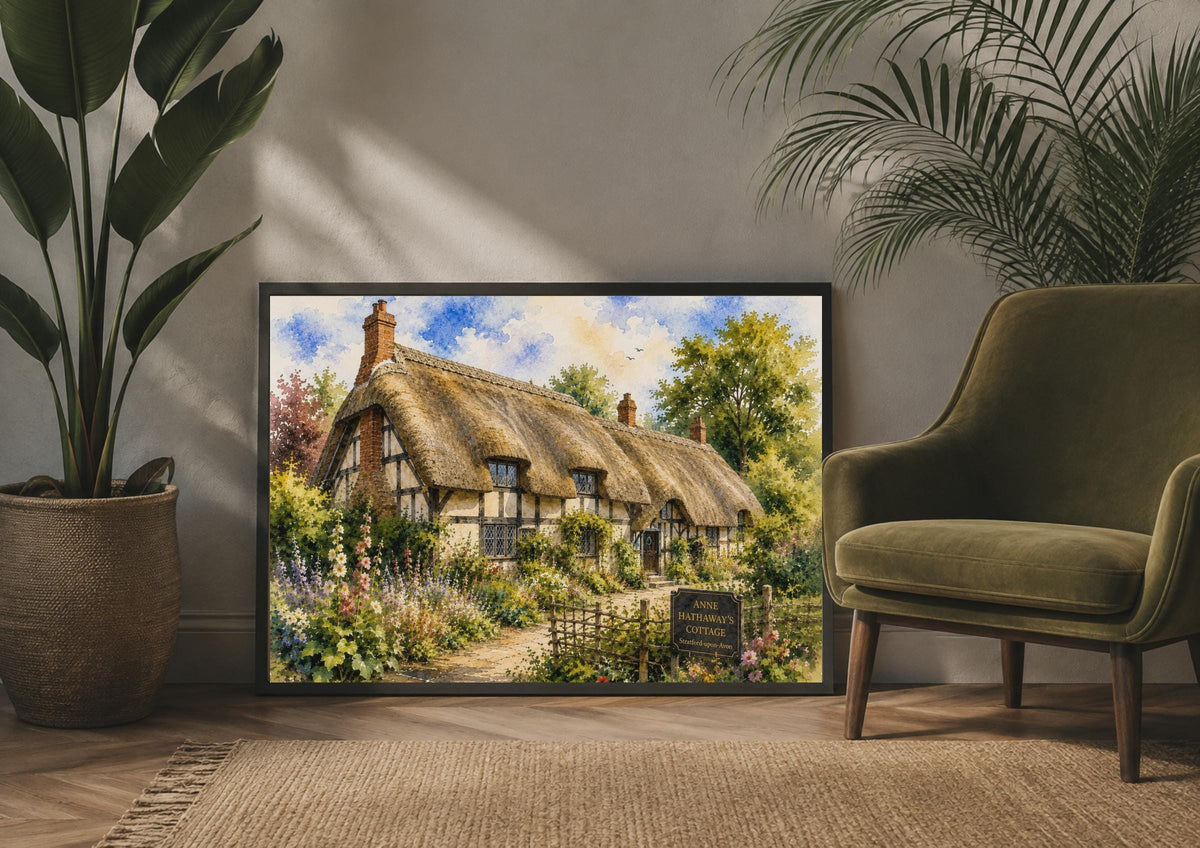 Anne Hathaway's Cottage Poster, Stratford-upon-Avon Watercolour, English Thatched Cottage Wall Art