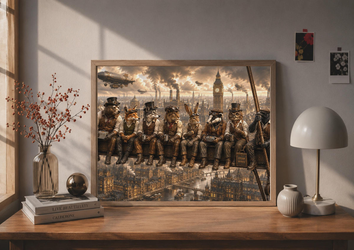 Steampunk Animal Workers London Skyline Poster, Big Ben Zeppelin Fantasy Wall Art