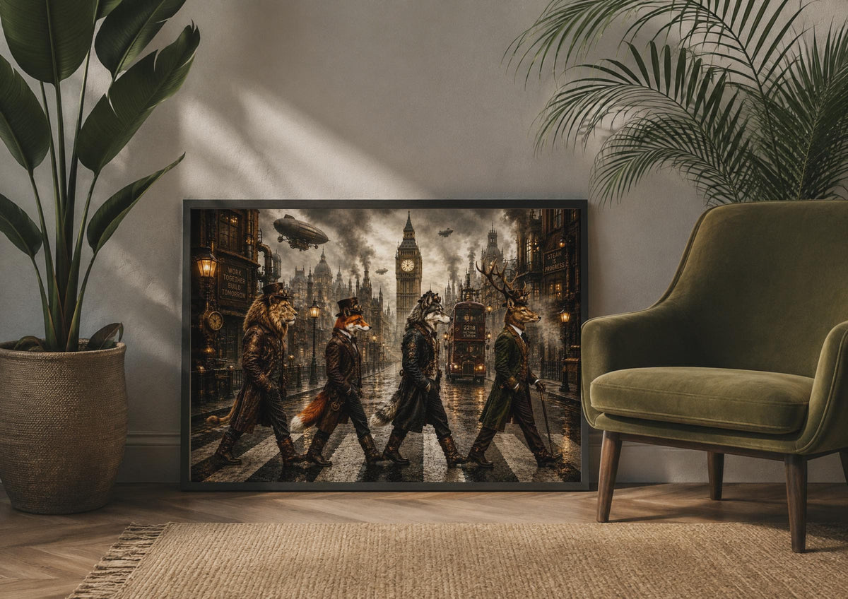 Steampunk Animal London Crossing Poster, Victorian Fantasy Wall Art, Big Ben