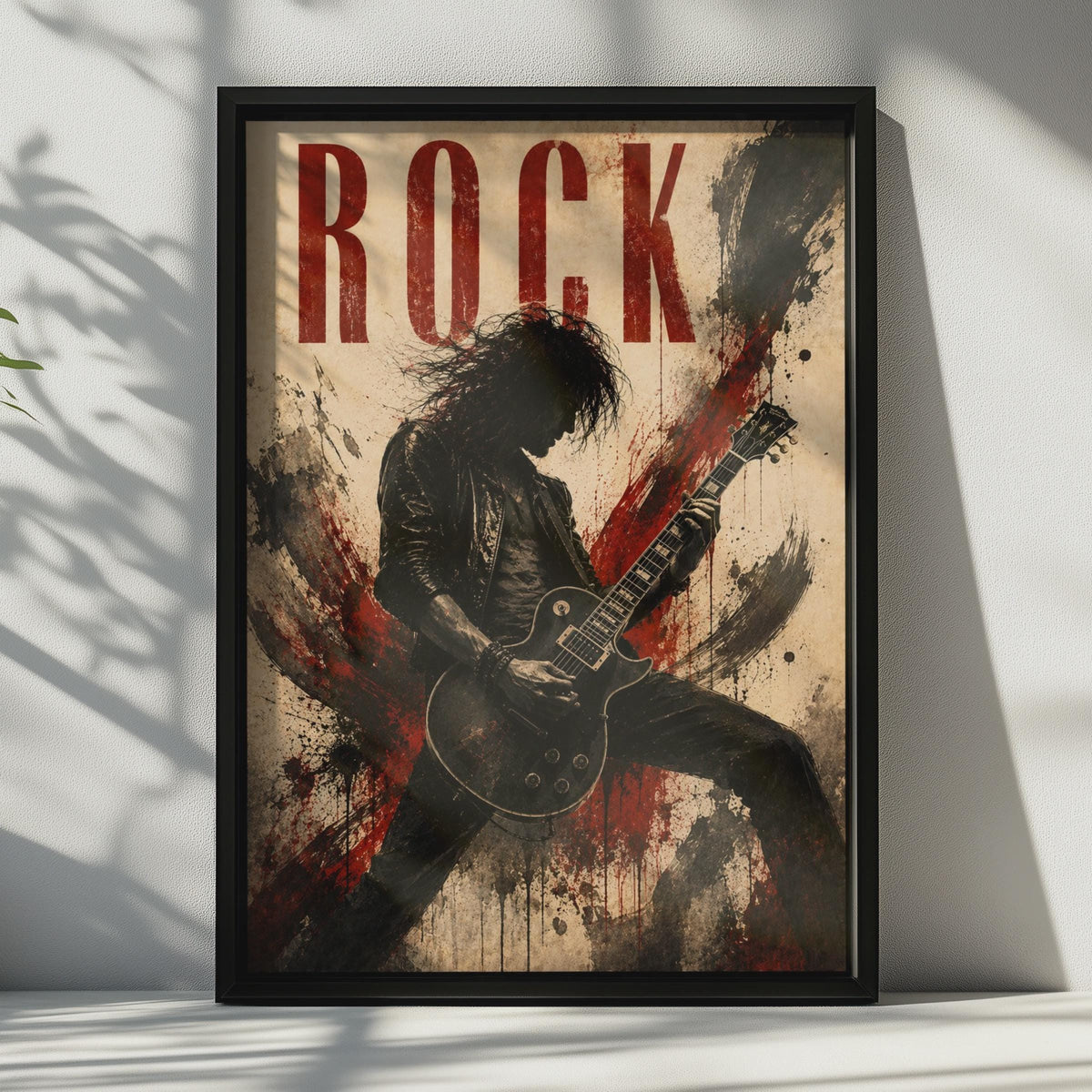 Rock Guitar Player Poster, Vintage Grunge Music Wall Art, Red Black Guitar Hero Print