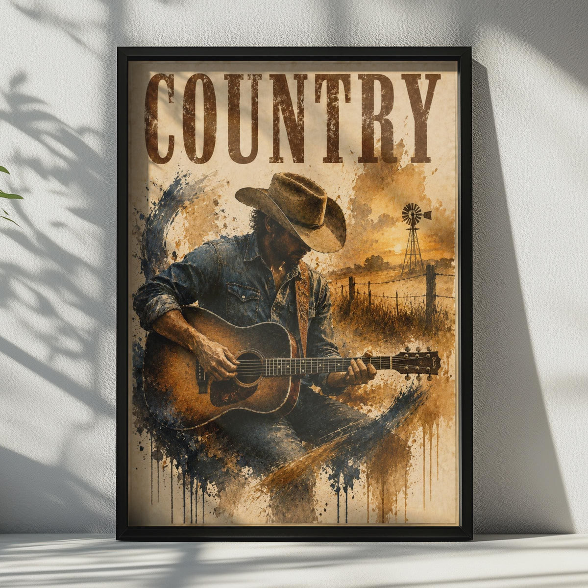 Country Music Poster, Cowboy Guitar Player Wall Art, Western Rustic Vintage Style Print