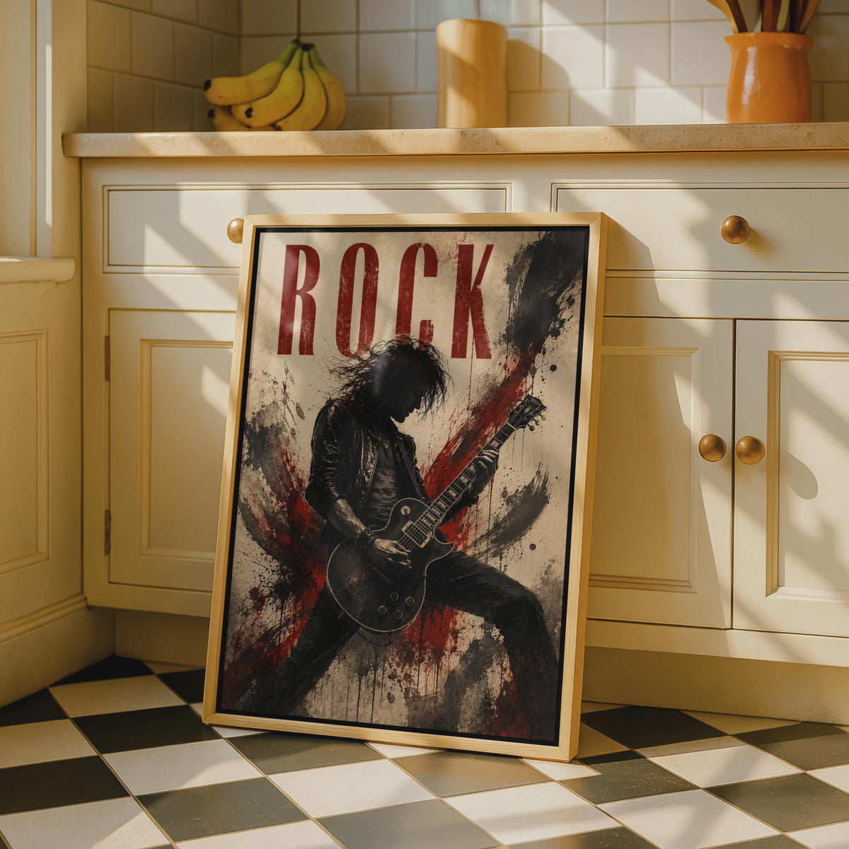 Rock Guitar Player Poster, Vintage Grunge Music Wall Art, Red Black Guitar Hero Print