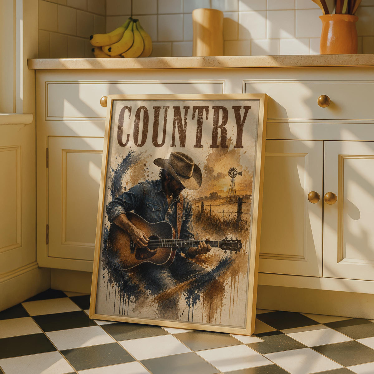Country Music Poster, Cowboy Guitar Player Wall Art, Western Rustic Vintage Style Print