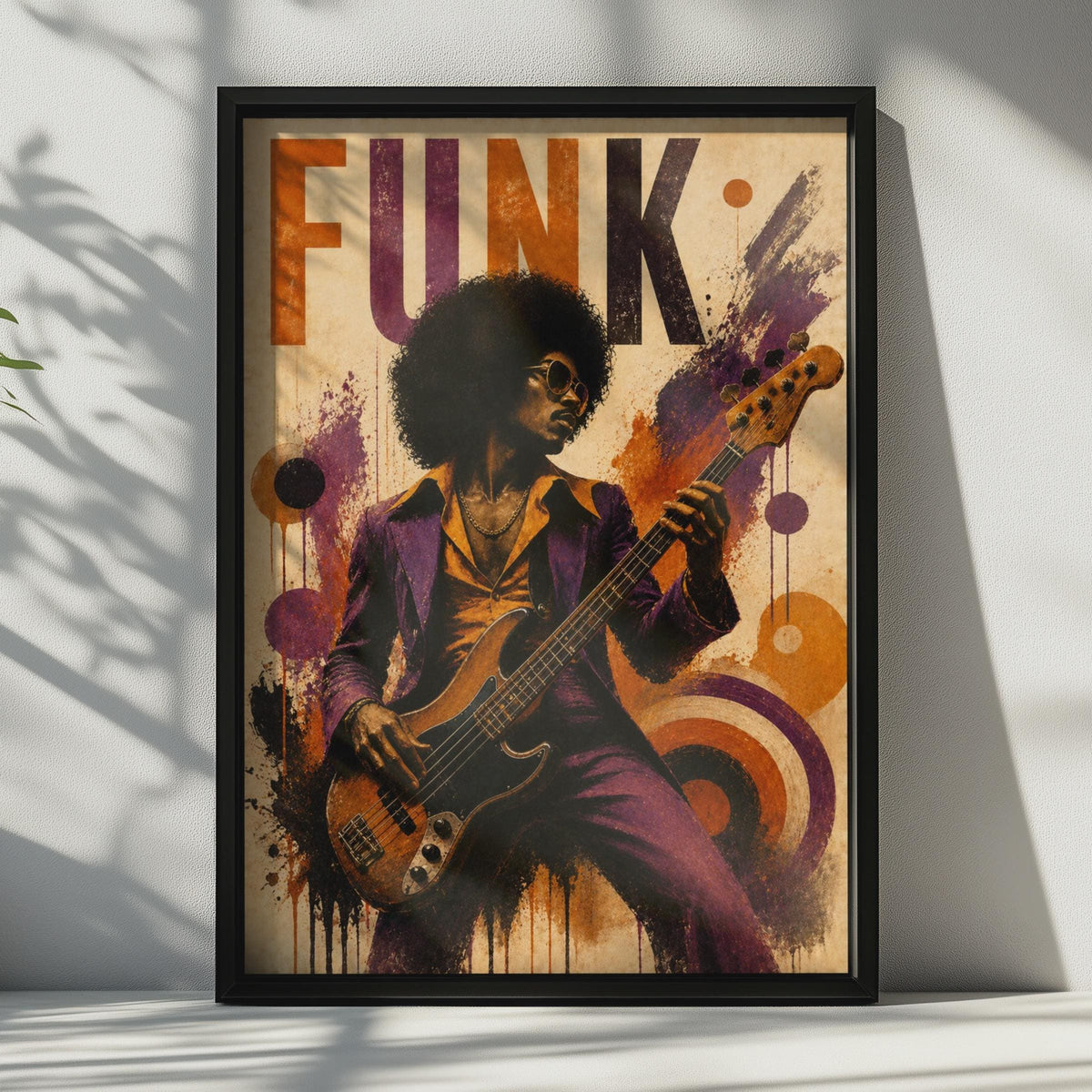 Funk Music Poster, Retro 70s Guitar Player Wall Art, Purple Orange Vintage Soul
