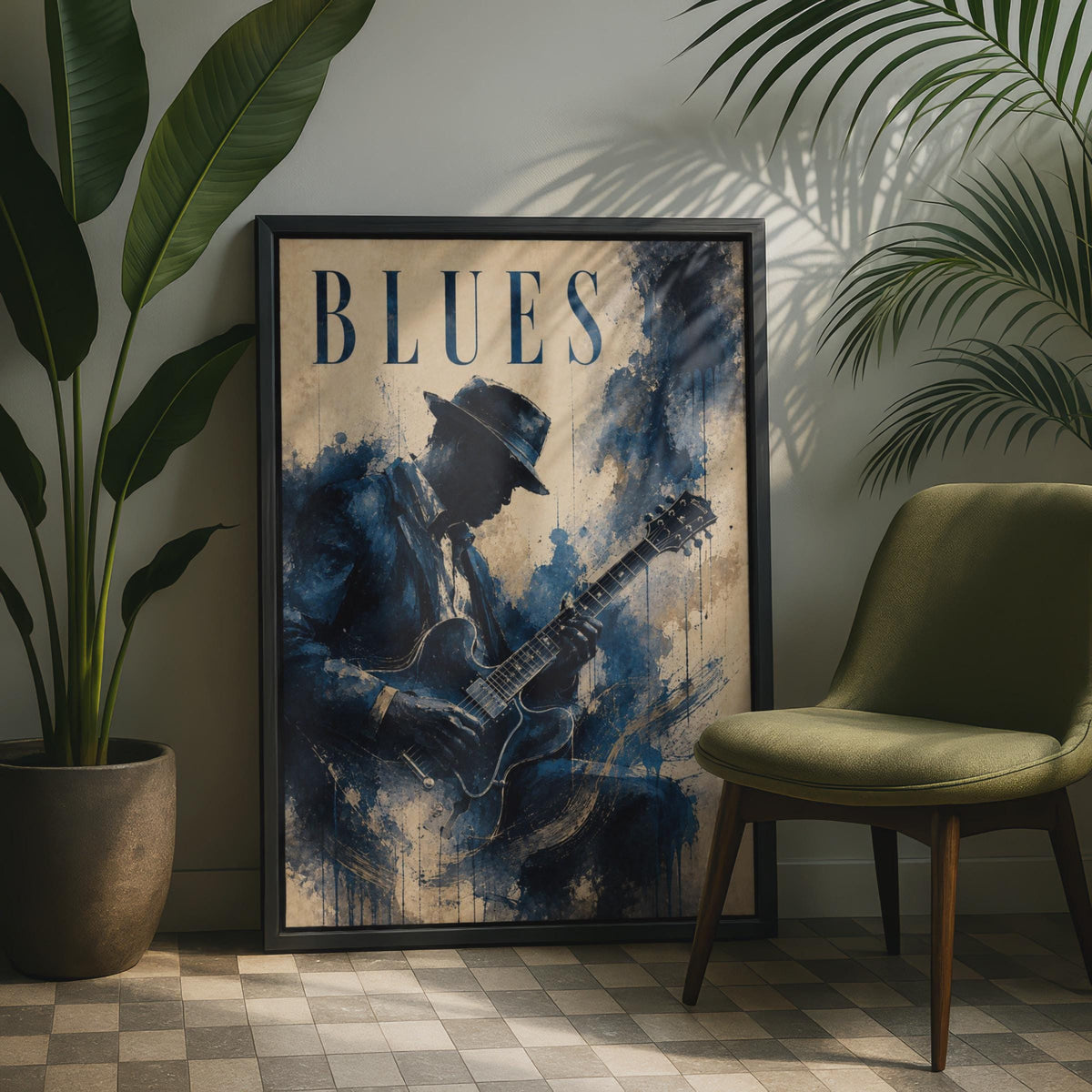 Blues Guitarist Poster, Vintage Music Wall Art, Navy Blue Watercolour Guitar Player Print