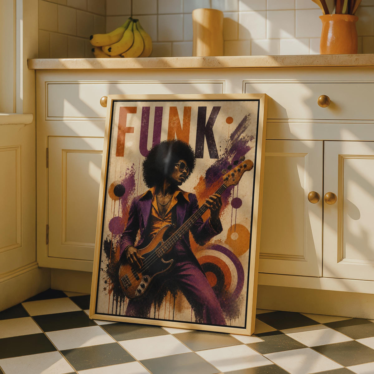 Funk Music Poster, Retro 70s Guitar Player Wall Art, Purple Orange Vintage Soul