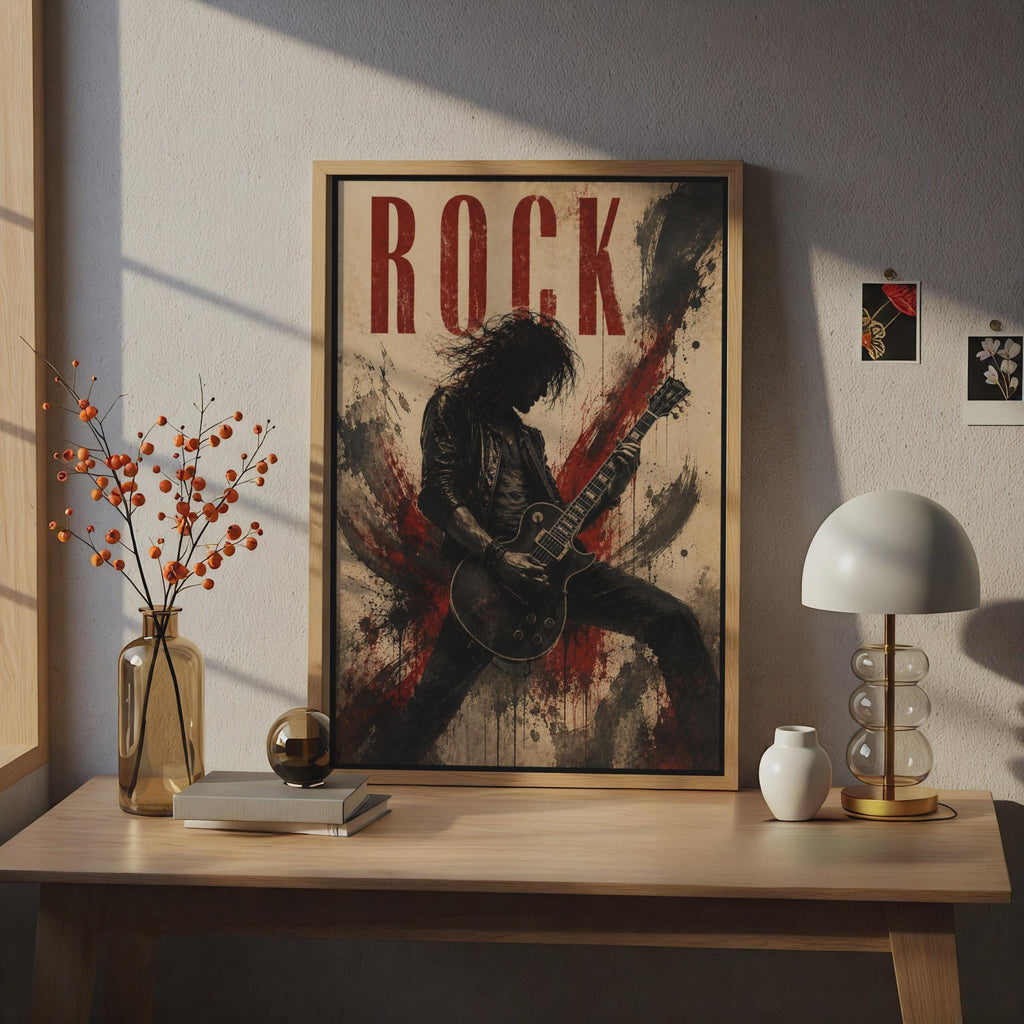 Rock Guitar Player Poster, Vintage Grunge Music Wall Art, Red Black Guitar Hero Print