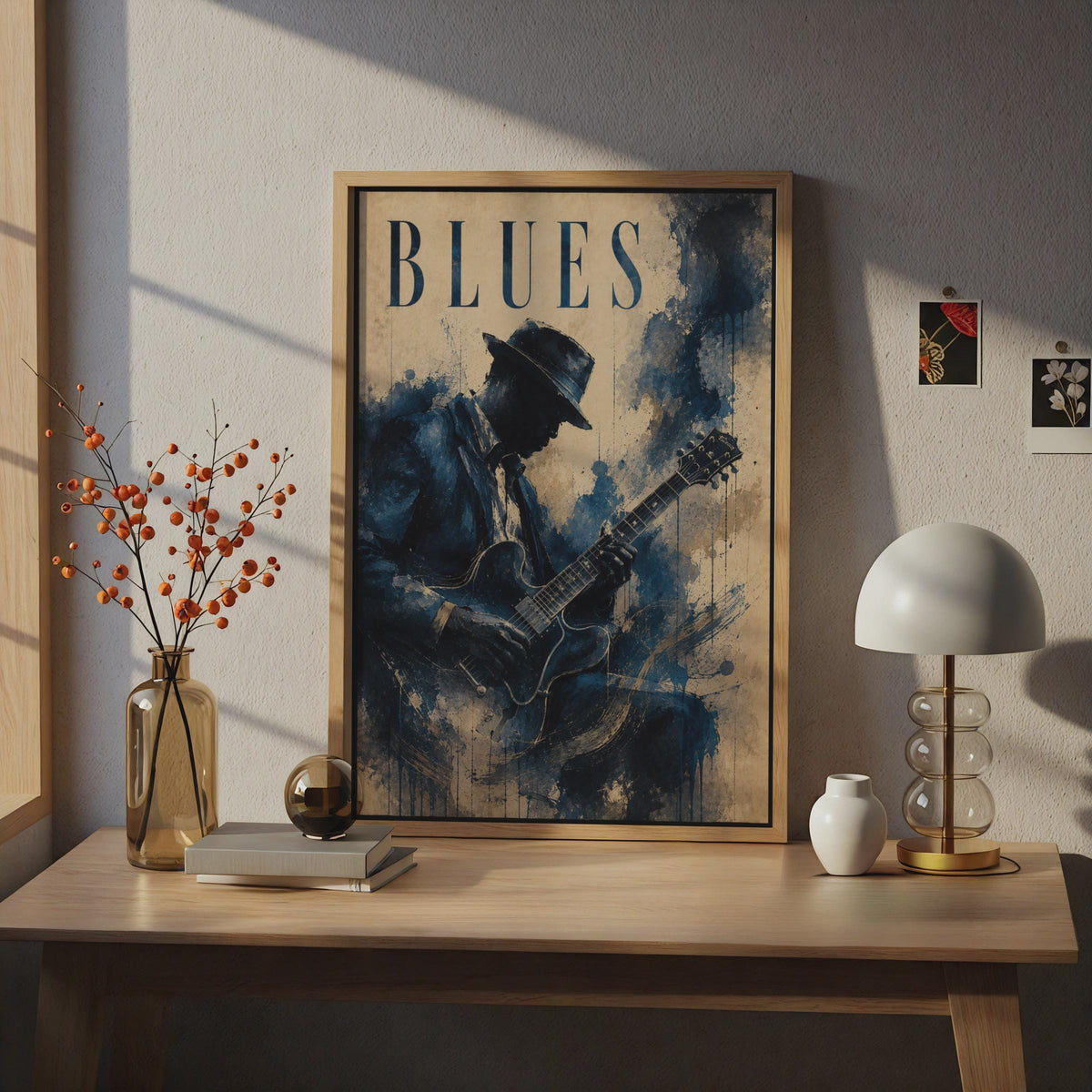 Blues Guitarist Poster, Vintage Music Wall Art, Navy Blue Watercolour Guitar Player Print
