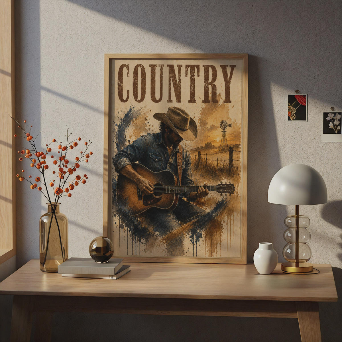 Country Music Poster, Cowboy Guitar Player Wall Art, Western Rustic Vintage Style Print