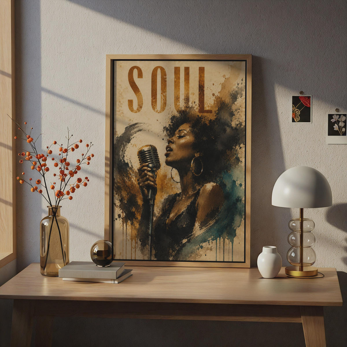Soul Music Poster, Jazz Singer Wall Art, Vintage Watercolour Retro Microphone Print