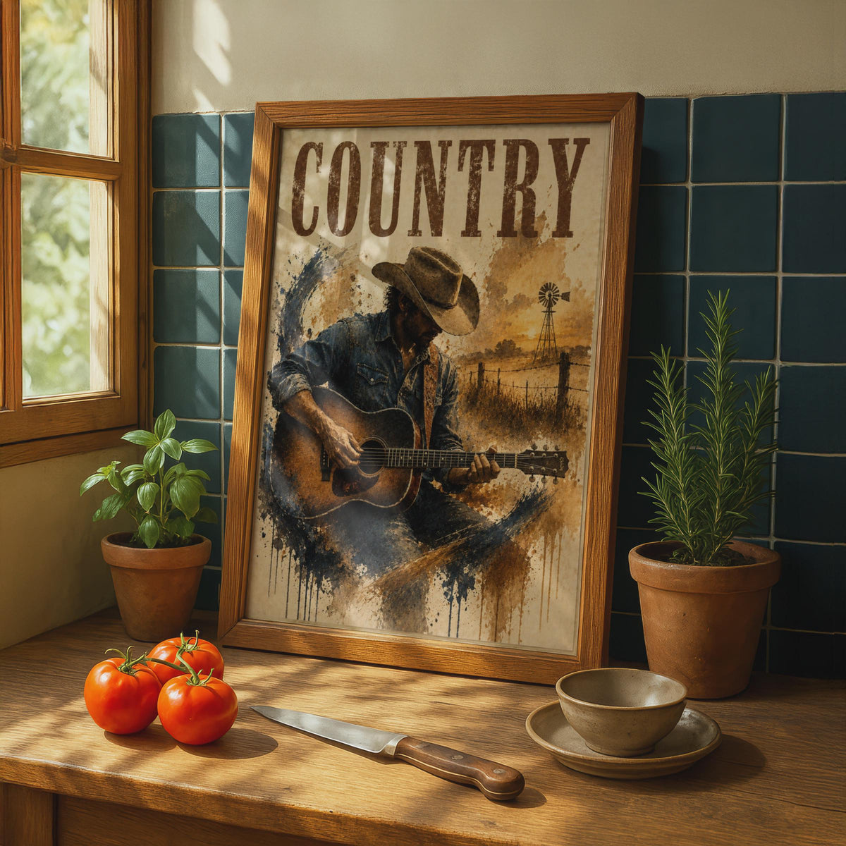 Country Music Poster, Cowboy Guitar Player Wall Art, Western Rustic Vintage Style Print