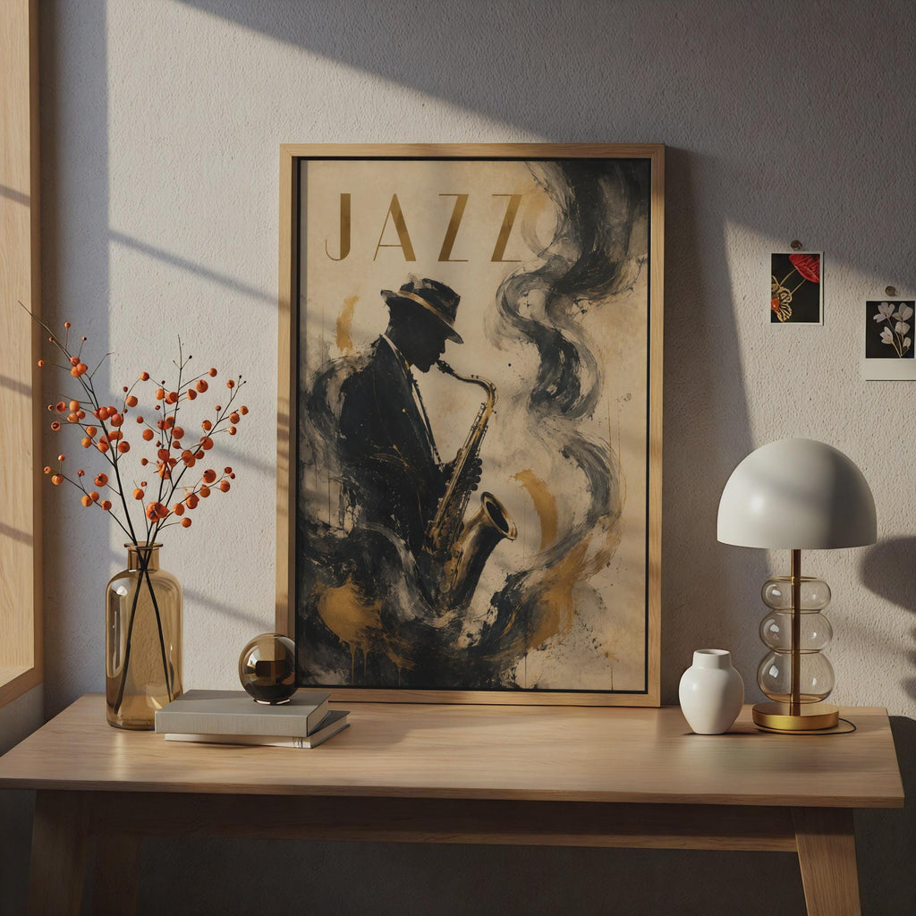 Jazz Saxophone Player Poster, Black Gold Music Wall Art, Vintage Style Musician Print