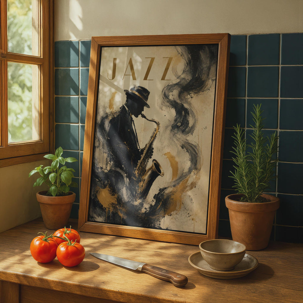 Jazz Saxophone Player Poster, Black Gold Music Wall Art, Vintage Style Musician Print