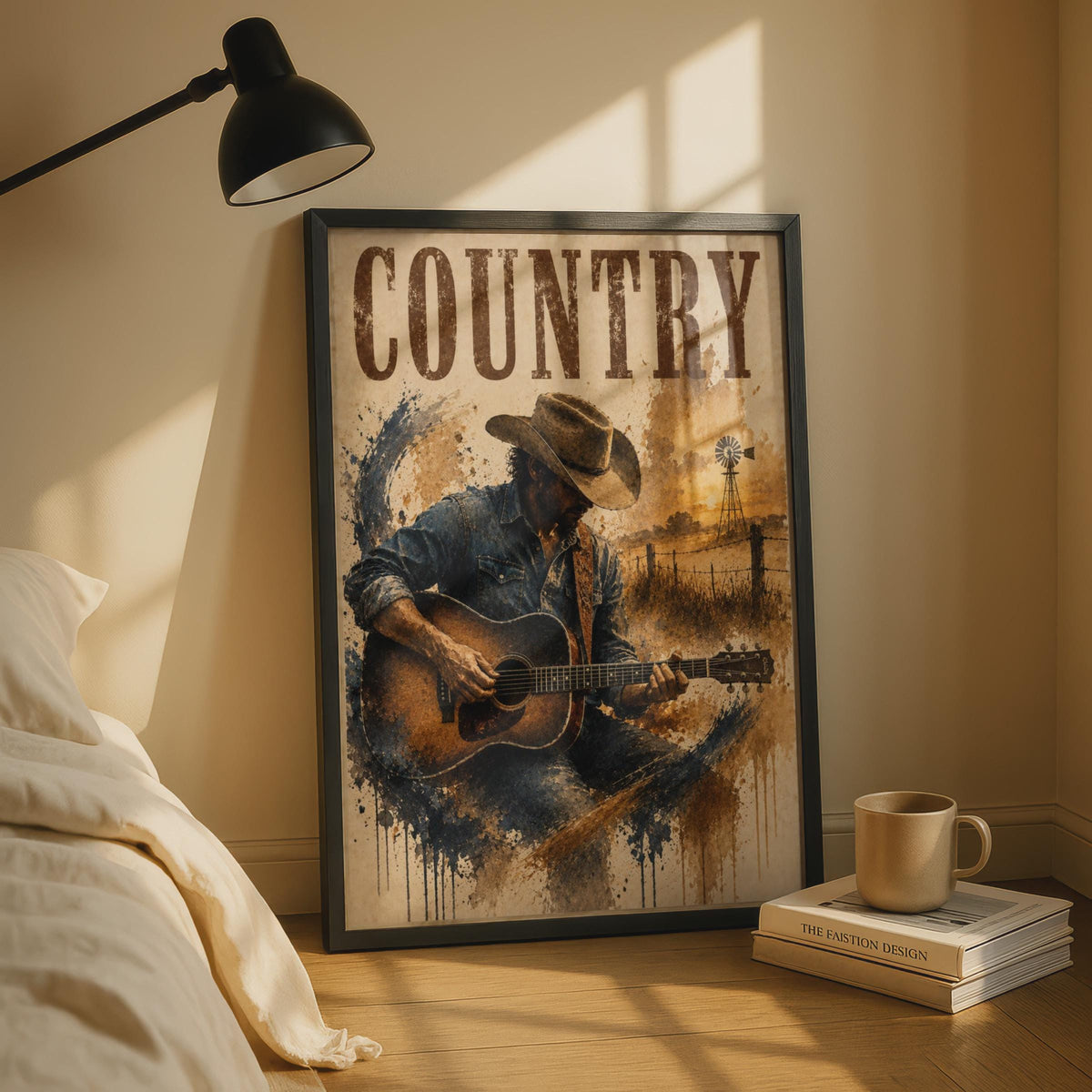 Country Music Poster, Cowboy Guitar Player Wall Art, Western Rustic Vintage Style Print