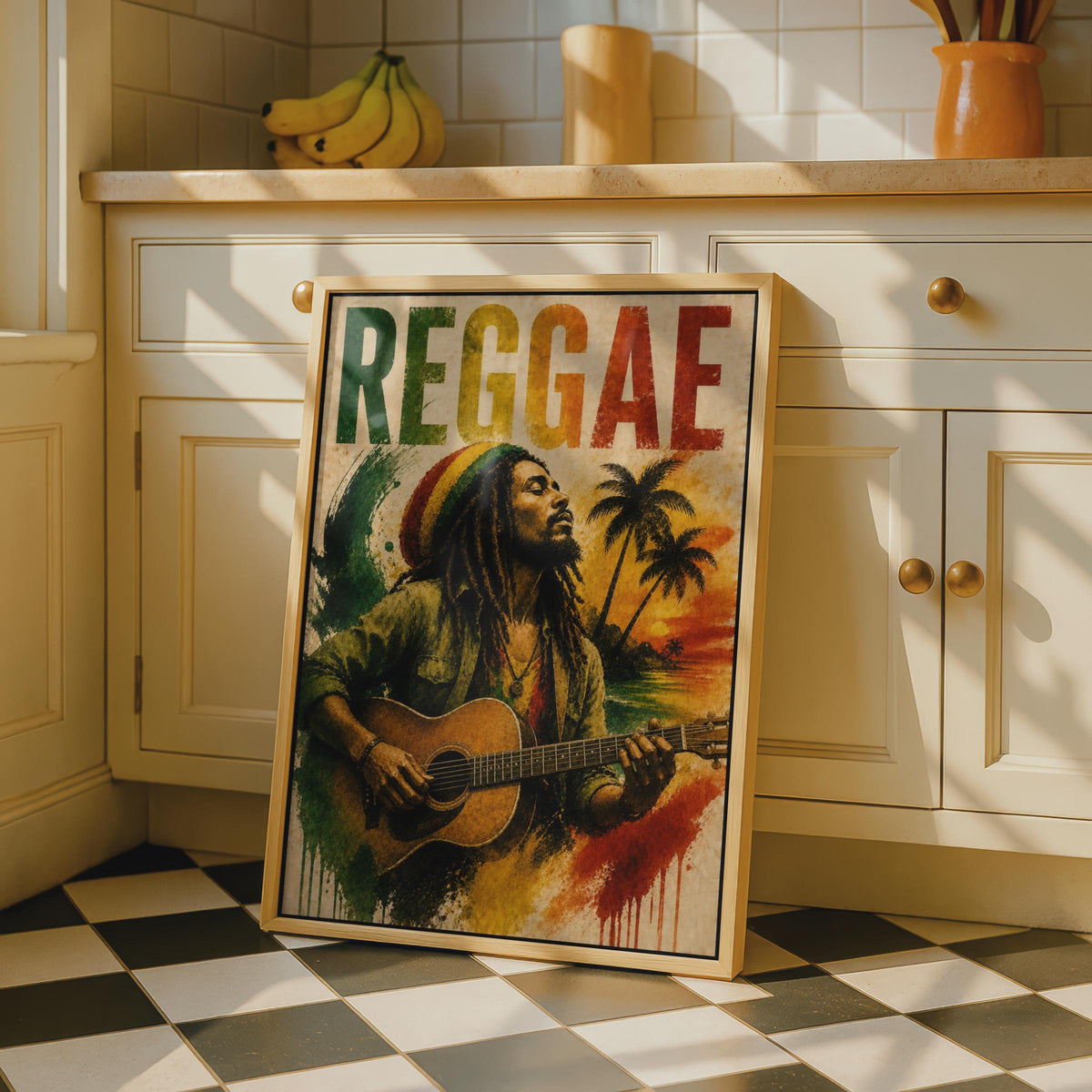 Reggae Music Poster, Rasta Guitar Player Wall Art, Jamaican Vintage Style Print