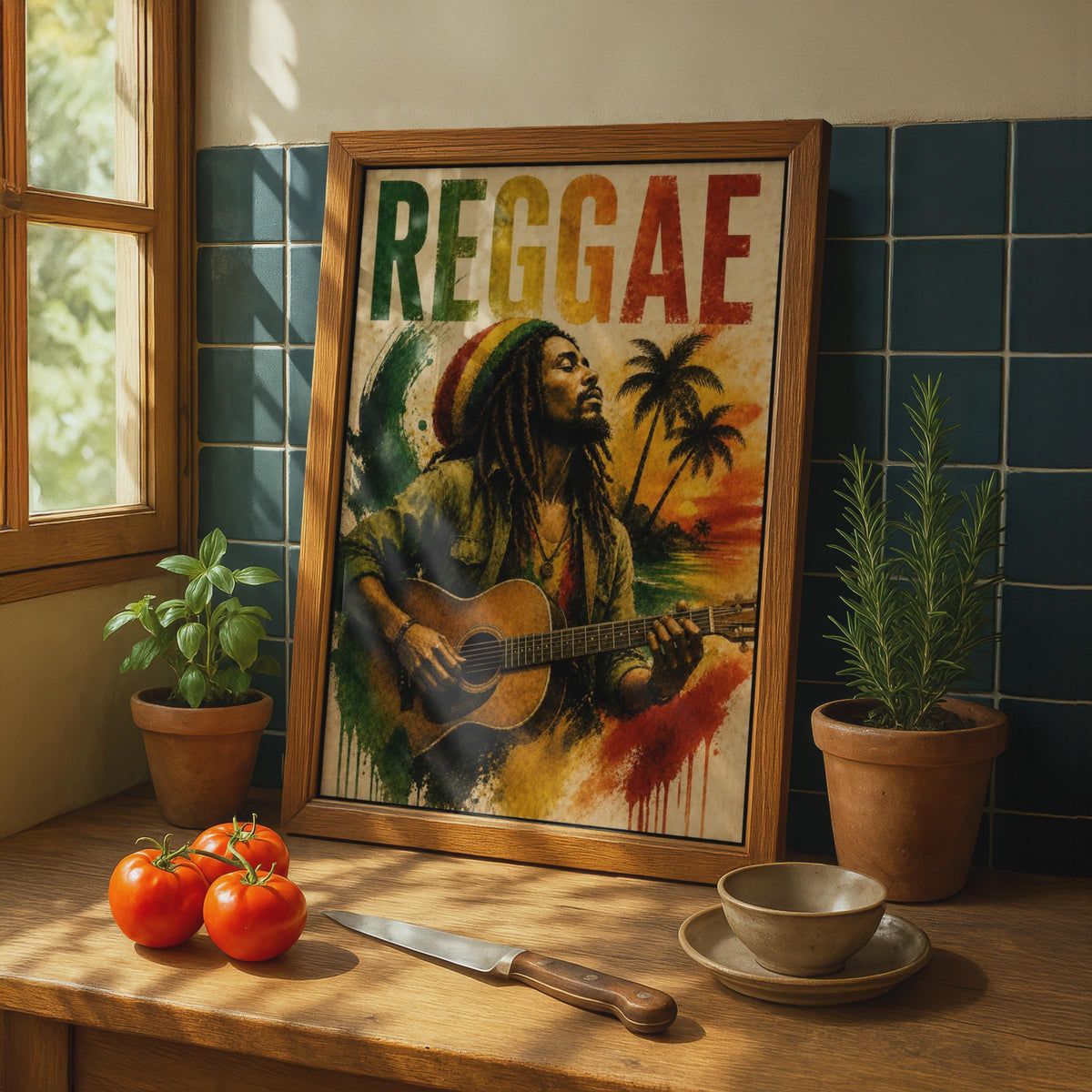 Reggae Music Poster, Rasta Guitar Player Wall Art, Jamaican Vintage Style Print