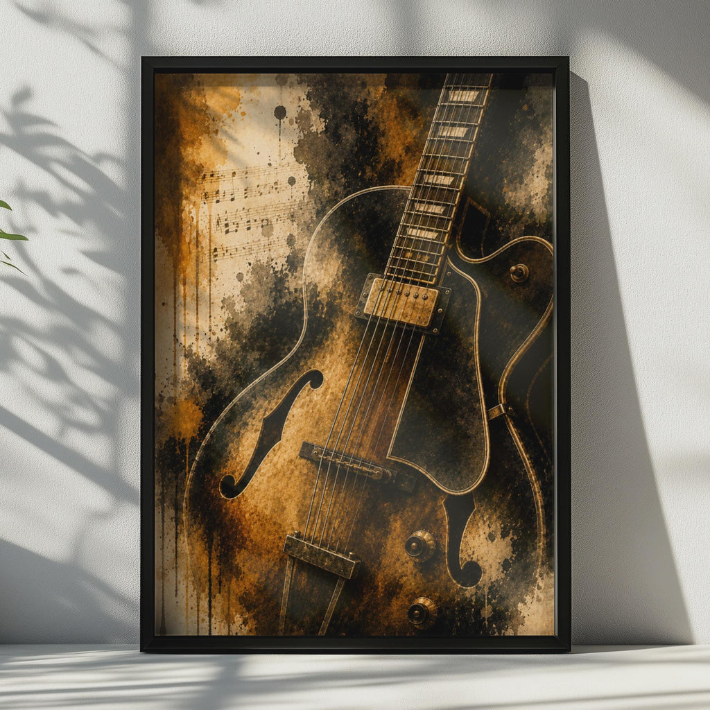 Jazz Guitar Poster, Vintage Music Wall Art, Brown Gold Grunge, Musician Gift