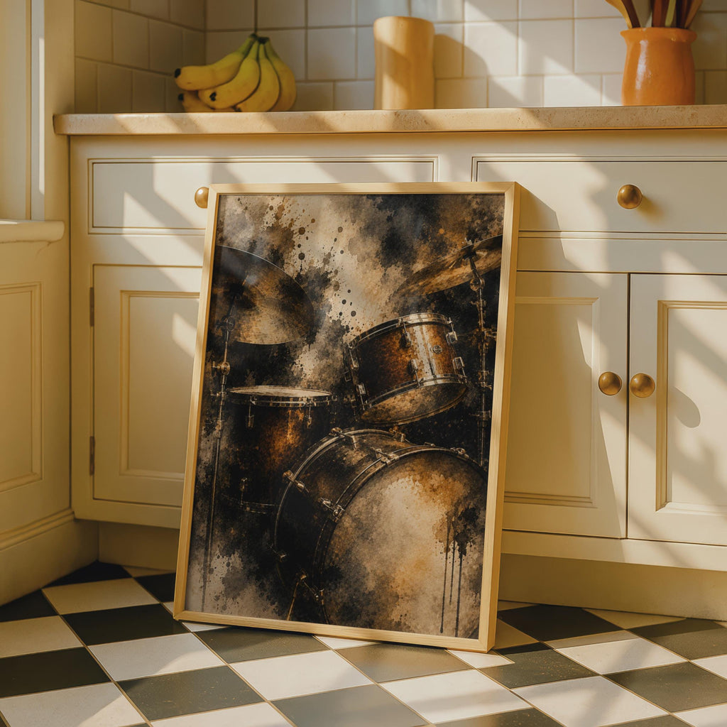 Drum Kit Poster, Abstract Watercolour Music Wall Art, Gold Black Drummer Gift